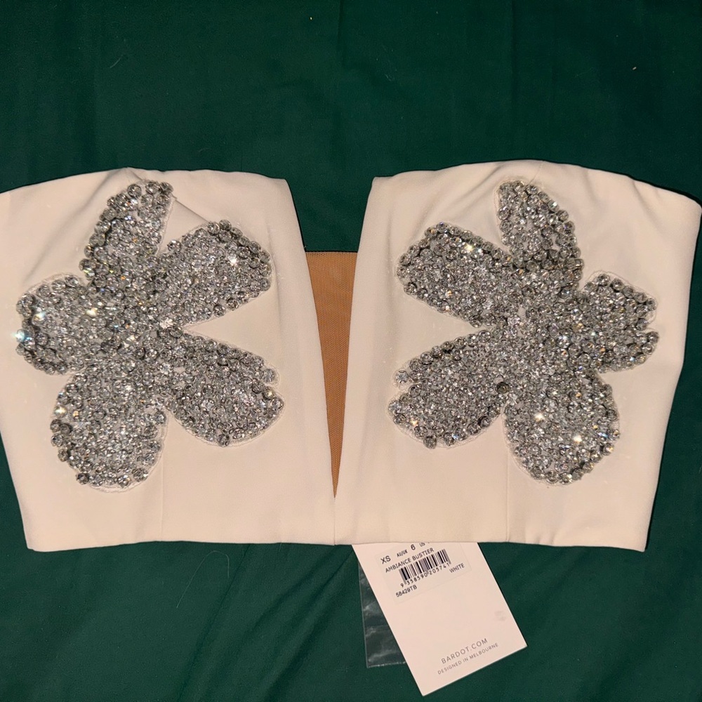 XS Bardot White Strapless Top with Silver Floral Embellishments